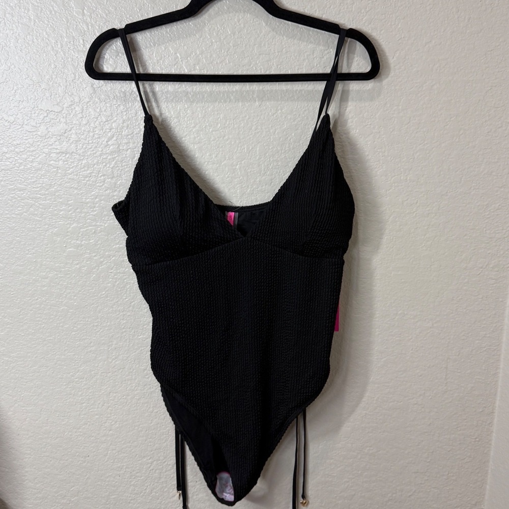 Betsey Johnson Black 1X Monokini One Piece Swimsuit Cutout Plunging V-neck NWT